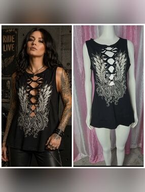 Platinum Plush Black Rhinestone Wings Biker Motorcycle Tank Top